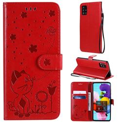 Embossing Bee and Cat Leather Wallet Case for Samsung Galaxy A51 4G - Red