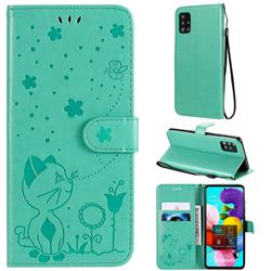 Embossing Bee and Cat Leather Wallet Case for Samsung Galaxy A51 4G - Green