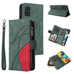 Luxury Two-color Stitching Multi-function Zipper Leather Wallet Case Cover for Samsung Galaxy A51 4G - Green