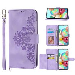 Skin Feel Embossed Lace Flower Multiple Card Slots Leather Wallet Phone Case for Samsung Galaxy A51 4G - Purple