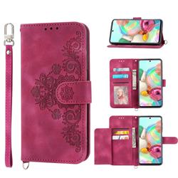 Skin Feel Embossed Lace Flower Multiple Card Slots Leather Wallet Phone Case for Samsung Galaxy A51 4G - Claret Red
