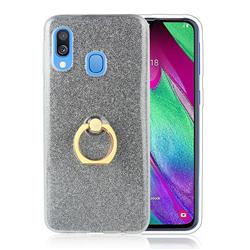 Luxury Soft TPU Glitter Back Ring Cover with 360 Rotate Finger Holder Buckle for Samsung Galaxy A60 - Black