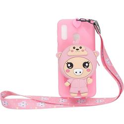 Pink Pig Neck Lanyard Zipper Wallet Silicone Case for Samsung Galaxy A60