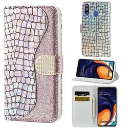 Glitter Diamond Buckle Laser Stitching Leather Wallet Phone Case for Samsung Galaxy A60 - Pink