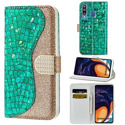 Glitter Diamond Buckle Laser Stitching Leather Wallet Phone Case for Samsung Galaxy A60 - Green