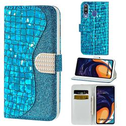 Glitter Diamond Buckle Laser Stitching Leather Wallet Phone Case for Samsung Galaxy A60 - Blue