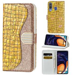 Glitter Diamond Buckle Laser Stitching Leather Wallet Phone Case for Samsung Galaxy A60 - Gold