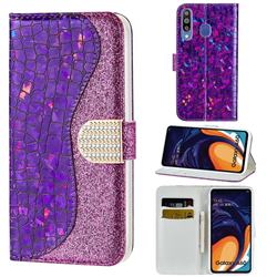 Glitter Diamond Buckle Laser Stitching Leather Wallet Phone Case for Samsung Galaxy A60 - Purple