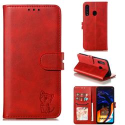 Embossing Happy Cat Leather Wallet Case for Samsung Galaxy A60 - Red