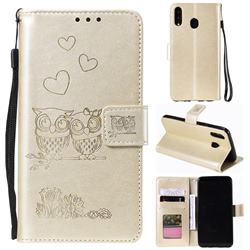 Embossing Owl Couple Flower Leather Wallet Case for Samsung Galaxy A60 - Golden