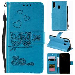 Embossing Owl Couple Flower Leather Wallet Case for Samsung Galaxy A60 - Blue