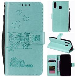 Embossing Owl Couple Flower Leather Wallet Case for Samsung Galaxy A60 - Green