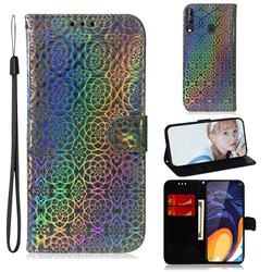 Laser Circle Shining Leather Wallet Phone Case for Samsung Galaxy A60 - Silver