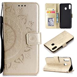 Intricate Embossing Datura Leather Wallet Case for Samsung Galaxy A60 - Golden