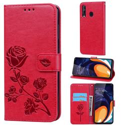 Embossing Rose Flower Leather Wallet Case for Samsung Galaxy A60 - Red