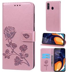 Embossing Rose Flower Leather Wallet Case for Samsung Galaxy A60 - Rose Gold