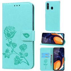 Embossing Rose Flower Leather Wallet Case for Samsung Galaxy A60 - Green