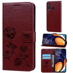 Embossing Rose Flower Leather Wallet Case for Samsung Galaxy A60 - Brown