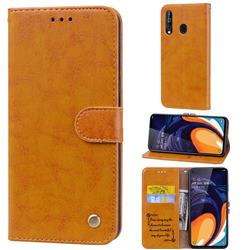Luxury Retro Oil Wax PU Leather Wallet Phone Case for Samsung Galaxy A60 - Orange Yellow