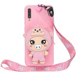 Pink Pig Neck Lanyard Zipper Wallet Silicone Case for Samsung Galaxy A70