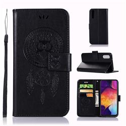 Intricate Embossing Owl Campanula Leather Wallet Case for Samsung Galaxy A70 - Black