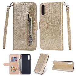 Glitter Shine Leather Zipper Wallet Phone Case for Samsung Galaxy A70 - Gold