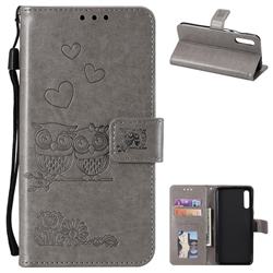 Embossing Owl Couple Flower Leather Wallet Case for Samsung Galaxy A70 - Gray