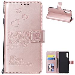 Embossing Owl Couple Flower Leather Wallet Case for Samsung Galaxy A70 - Rose Gold