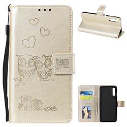 Embossing Owl Couple Flower Leather Wallet Case for Samsung Galaxy A70 - Golden