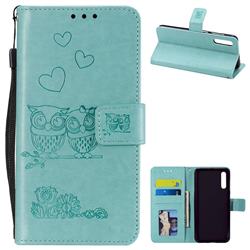 Embossing Owl Couple Flower Leather Wallet Case for Samsung Galaxy A70 - Green
