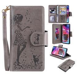 Embossing Cat Girl 9 Card Leather Wallet Case for Samsung Galaxy A70 - Gray
