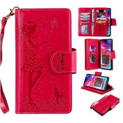 Embossing Cat Girl 9 Card Leather Wallet Case for Samsung Galaxy A70 - Red