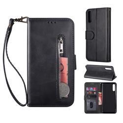 Retro Calfskin Zipper Leather Wallet Case Cover for Samsung Galaxy A70 - Black