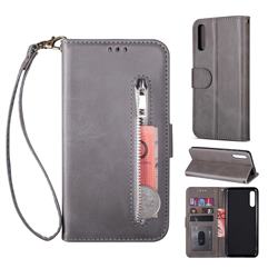 Retro Calfskin Zipper Leather Wallet Case Cover for Samsung Galaxy A70 - Grey