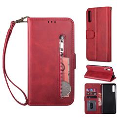 Retro Calfskin Zipper Leather Wallet Case Cover for Samsung Galaxy A70 - Red