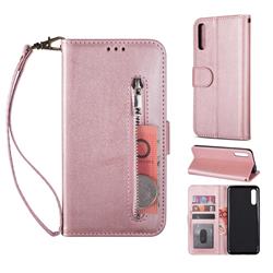 Retro Calfskin Zipper Leather Wallet Case Cover for Samsung Galaxy A70 - Rose Gold