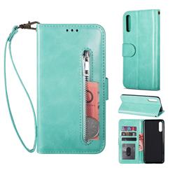 Retro Calfskin Zipper Leather Wallet Case Cover for Samsung Galaxy A70 - Mint Green