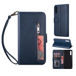 Retro Calfskin Zipper Leather Wallet Case Cover for Samsung Galaxy A70 - Blue