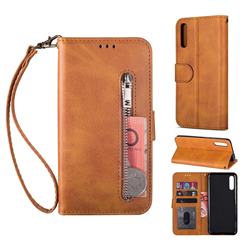 Retro Calfskin Zipper Leather Wallet Case Cover for Samsung Galaxy A70 - Brown