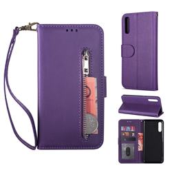 Retro Calfskin Zipper Leather Wallet Case Cover for Samsung Galaxy A70 - Purple