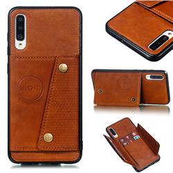 Retro Multifunction Card Slots Stand Leather Coated Phone Back Cover for Samsung Galaxy A70 - Brown