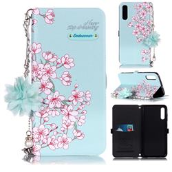Cherry Blossoms Endeavour Florid Pearl Flower Pendant Metal Strap PU Leather Wallet Case for Samsung Galaxy A70