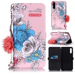 Pink Blue Rose Endeavour Florid Pearl Flower Pendant Metal Strap PU Leather Wallet Case for Samsung Galaxy A70