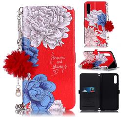 Red Chrysanthemum Endeavour Florid Pearl Flower Pendant Metal Strap PU Leather Wallet Case for Samsung Galaxy A70