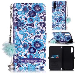 Blue-and-White Endeavour Florid Pearl Flower Pendant Metal Strap PU Leather Wallet Case for Samsung Galaxy A70