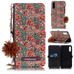 Impatiens Endeavour Florid Pearl Flower Pendant Metal Strap PU Leather Wallet Case for Samsung Galaxy A70