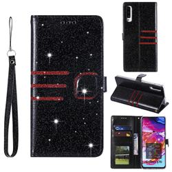 Retro Stitching Glitter Leather Wallet Phone Case for Samsung Galaxy A70 - Black