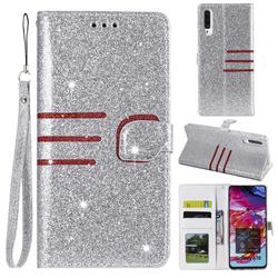 Retro Stitching Glitter Leather Wallet Phone Case for Samsung Galaxy A70 - Silver