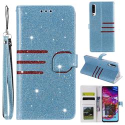 Retro Stitching Glitter Leather Wallet Phone Case for Samsung Galaxy A70 - Blue