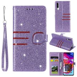 Retro Stitching Glitter Leather Wallet Phone Case for Samsung Galaxy A70 - Purple